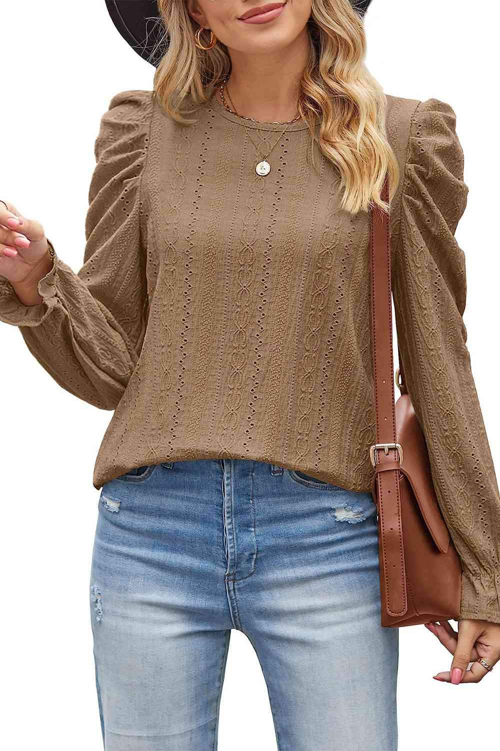 Round Neck Puff Sleeve Blouse Blouses - Tophatter Daily Deals