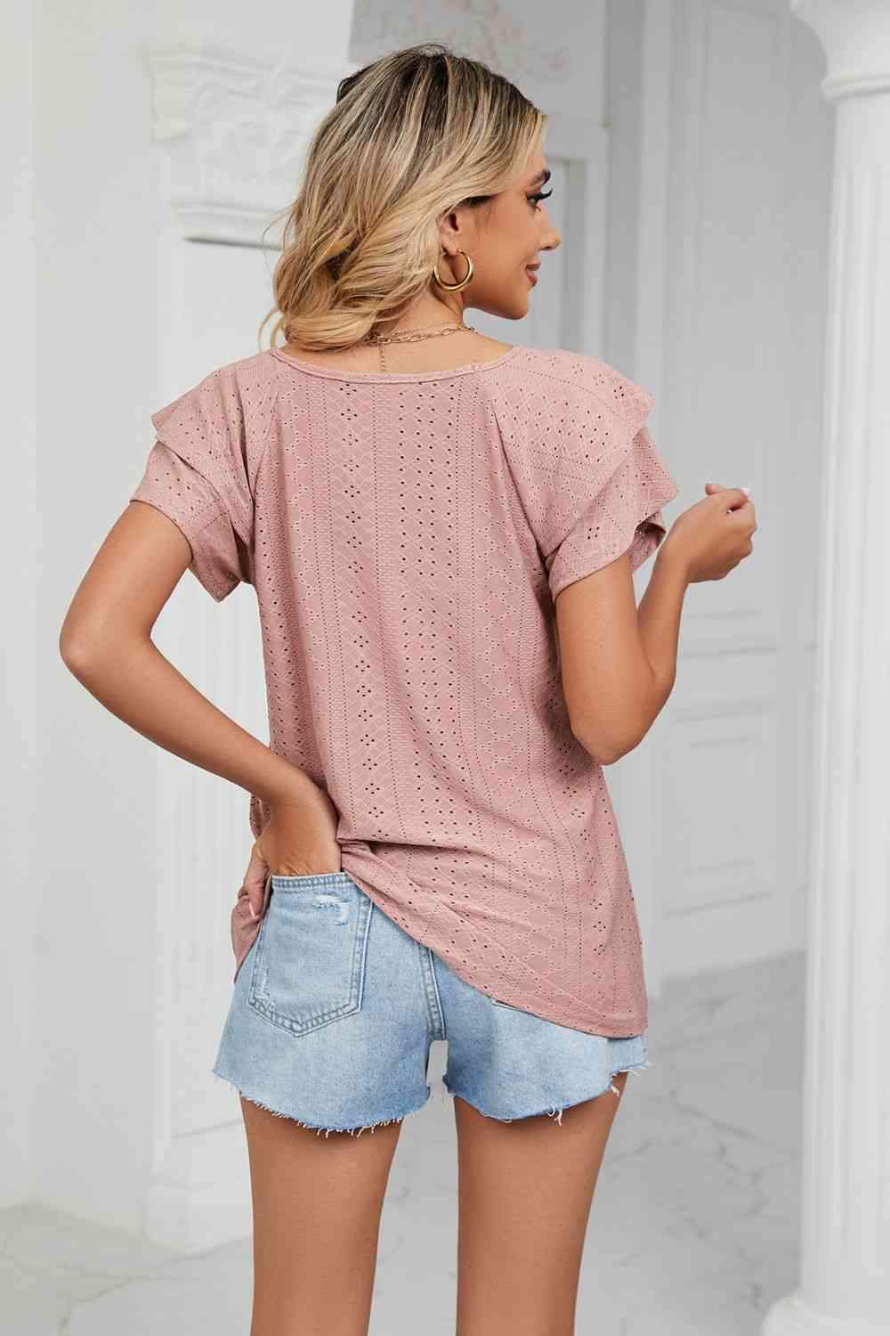 Eyelet Layered Flutter Sleeve V-Neck Knit Top Blouses - Tophatter Daily Deals