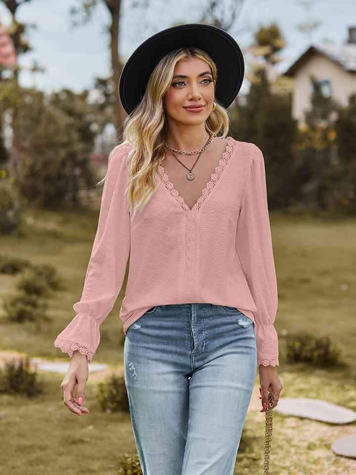 V-Neck Flounce Sleeve Blouse Blush Pink Blouses - Tophatter Daily Deals