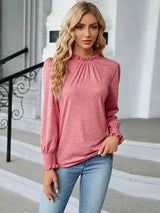 Round Neck Flounce Sleeve Blouse Burnt Coral Women's T-Shirts - Tophatter Daily Deals