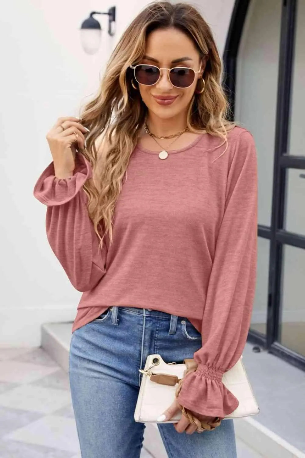 Round Neck Flounce Sleeve Blouse Blouses - Tophatter Daily Deals