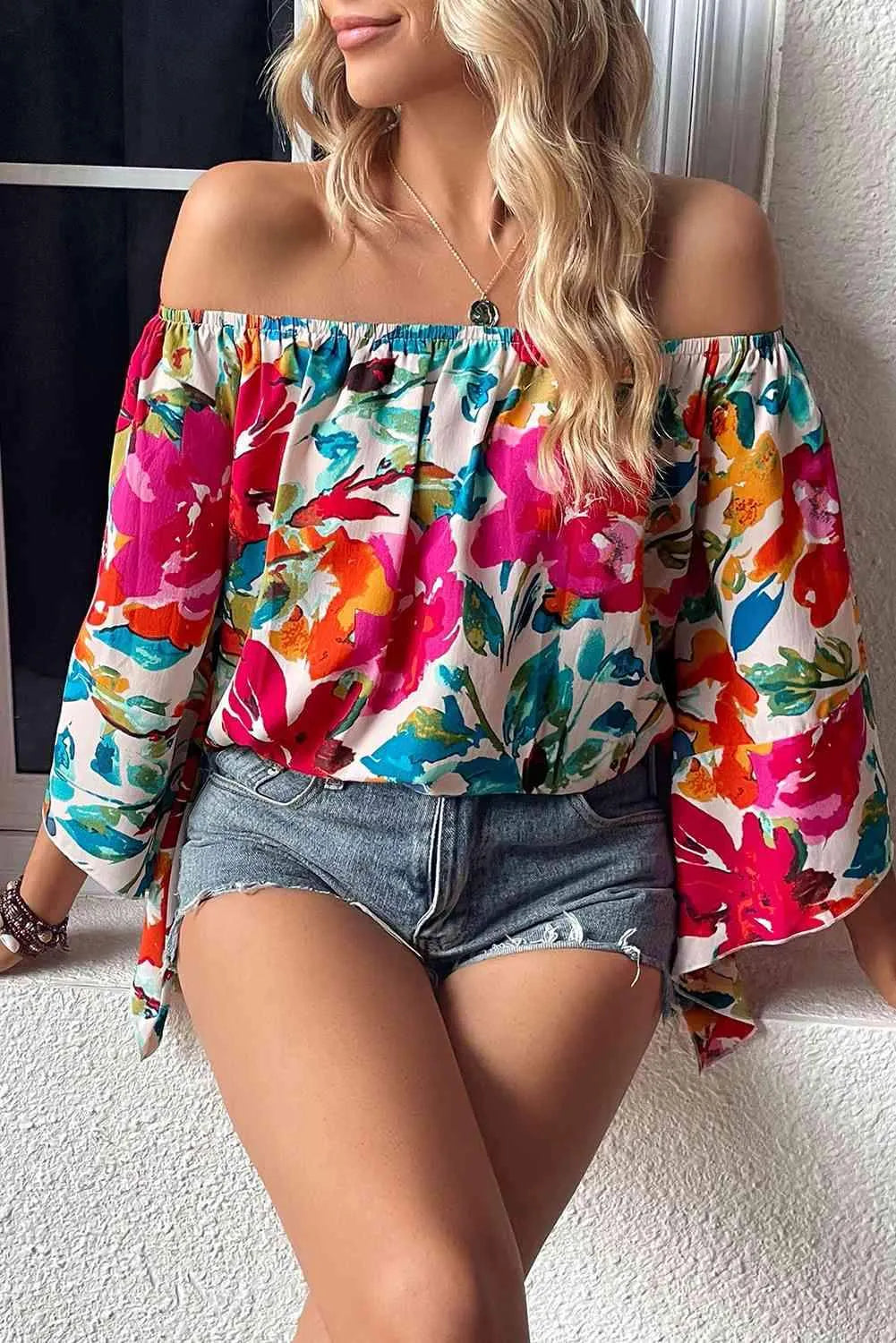 Off Shoulder Floral Print Blouse Blouses - Tophatter Daily Deals