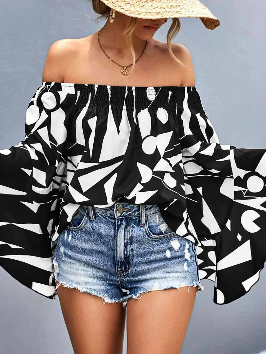 Printed Off-Shoulder Bell Sleeve Blouse Black Blouses - Tophatter Daily Deals