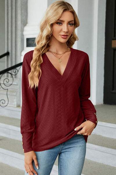 V-Neck Lantern Sleeve T-Shirt Wine Women's T-Shirts - Tophatter Daily Deals