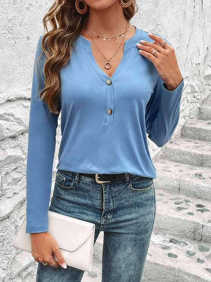 Buttoned Notched Neck Long Sleeve Top Blouses - Tophatter Daily Deals