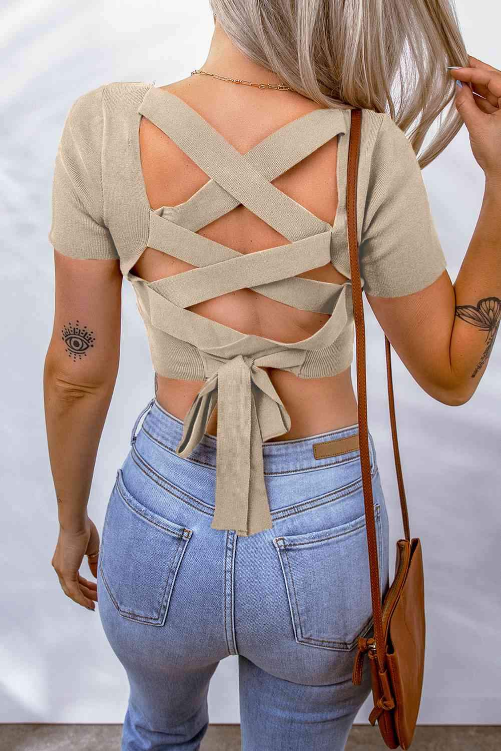 Lace-Up Square Neck Crop Top Blouses - Tophatter Daily Deals