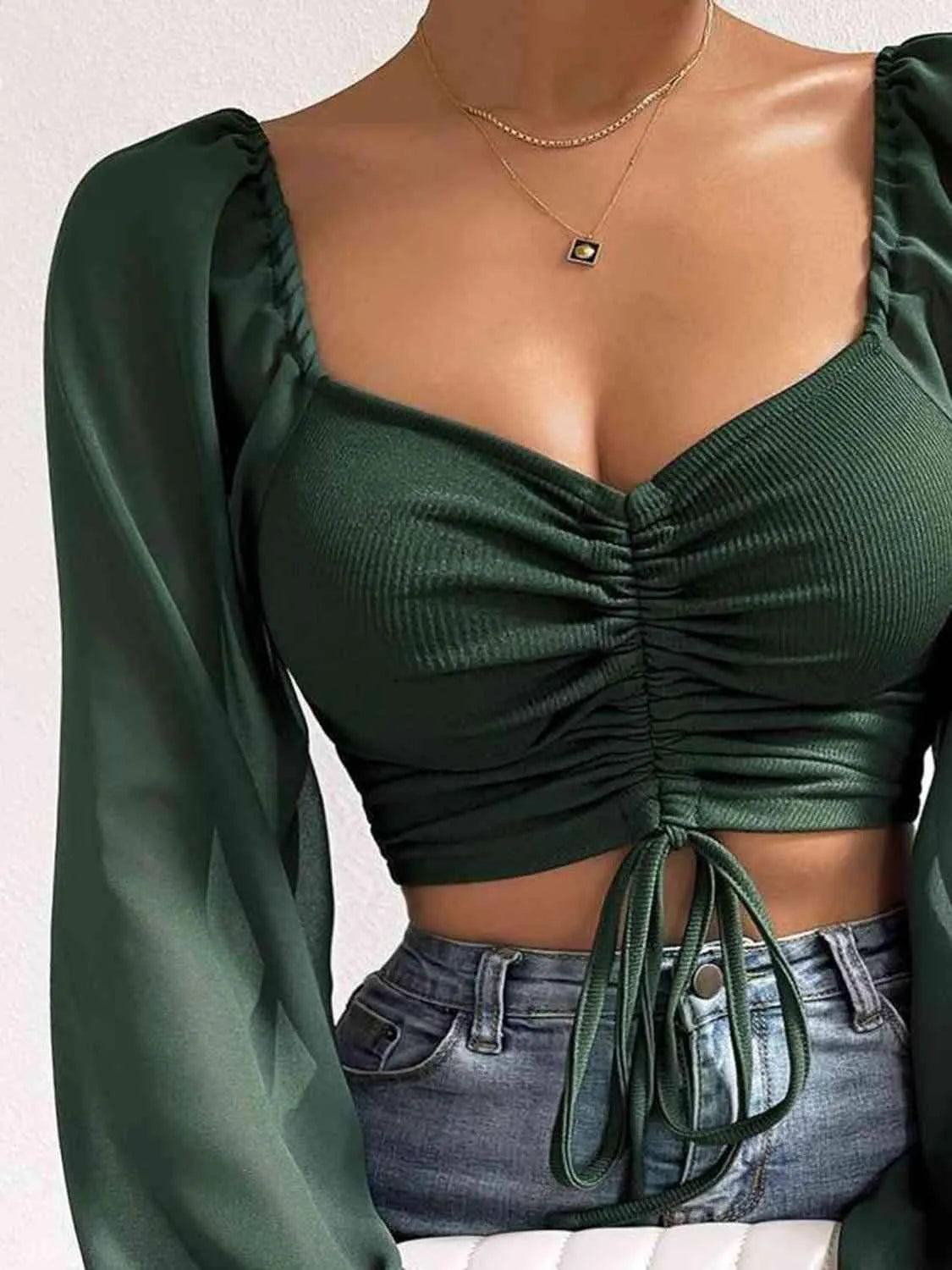 Drawstring Sweetheart Neck Cropped Top Blouses - Tophatter Daily Deals