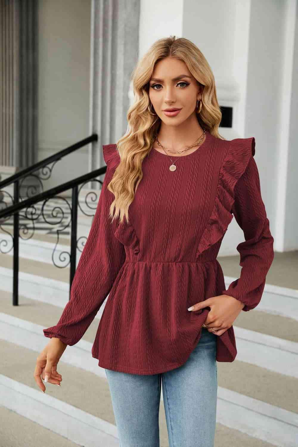 Round Neck Ruffled Peplum Blouse Wine Blouses - Tophatter Daily Deals