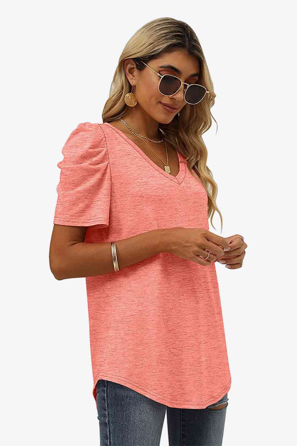 V-Neck Puff Sleeve Tee Women's T-Shirts - Tophatter Daily Deals