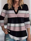 Striped Notched Long Sleeve T-Shirt Peach Women's T-Shirts - Tophatter Daily Deals