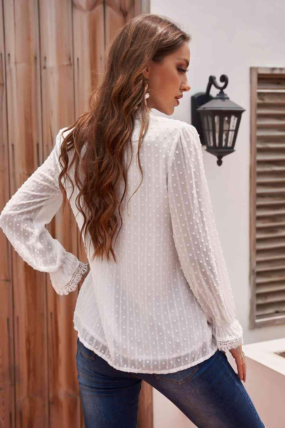 Swiss Dot Spliced Lace Flounce Sleeve Blouse Blouses - Tophatter Daily Deals