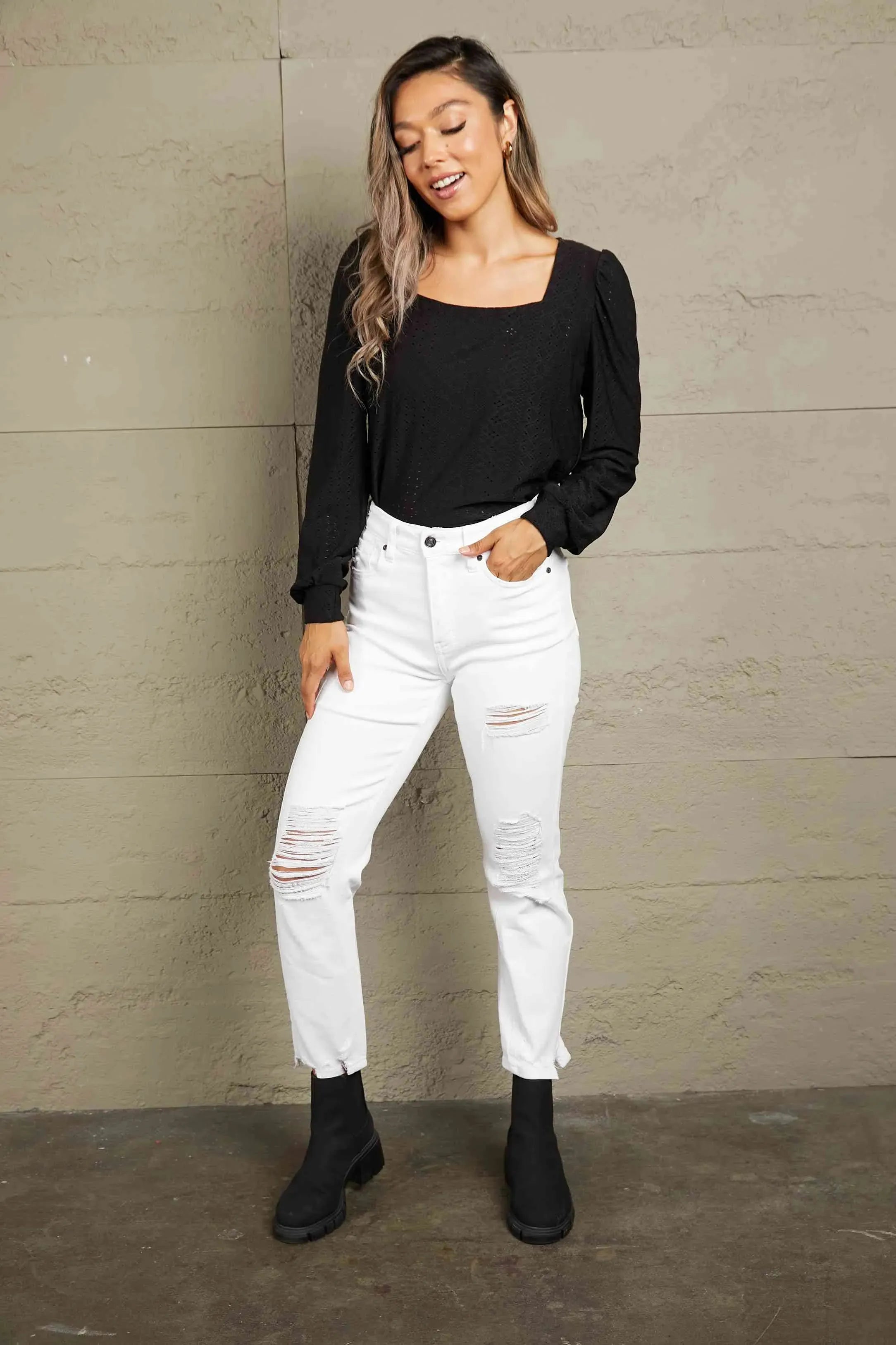 Double Take Eyelet Square Neck Puff Sleeve Blouse Blouses - Tophatter Daily Deals