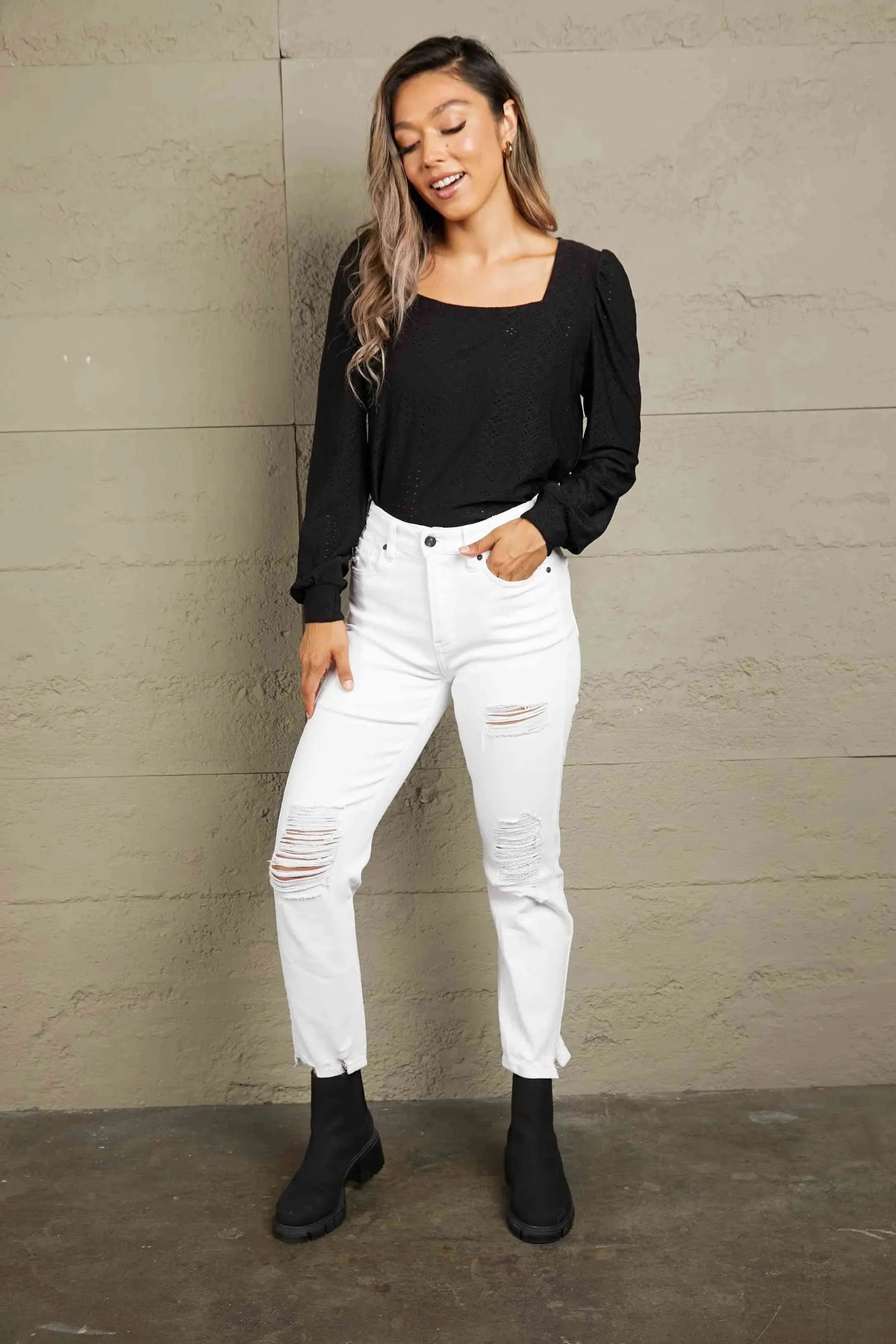 Double Take Eyelet Square Neck Puff Sleeve Blouse Blouses - Tophatter Daily Deals