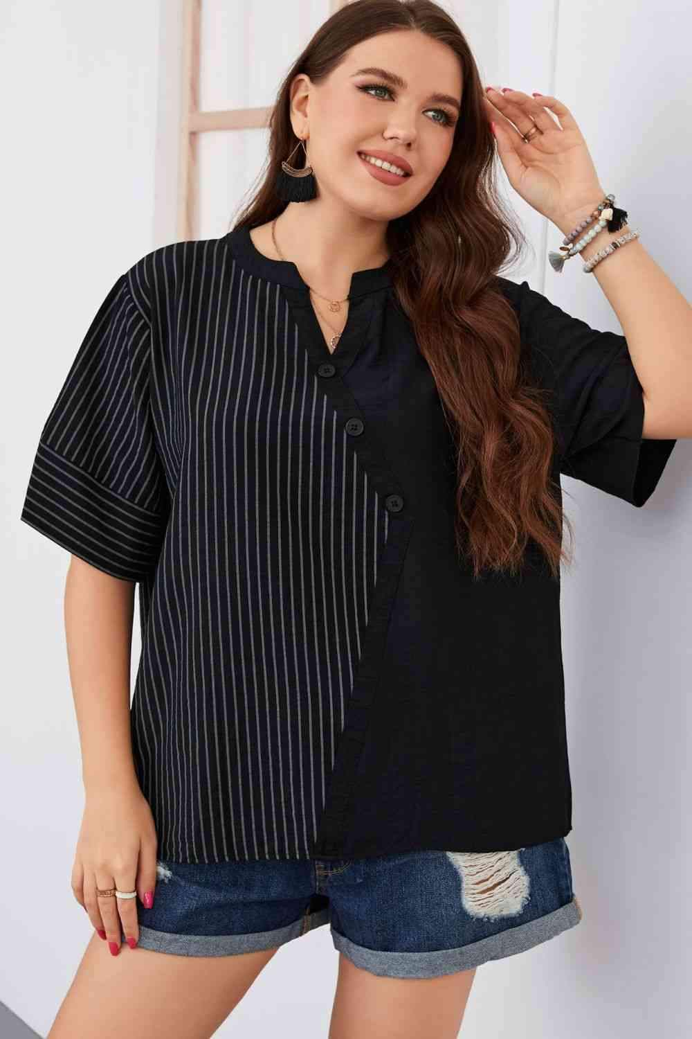 Plus Size Striped Notched Neck Half Sleeve Top Black Blouses - Tophatter Daily Deals