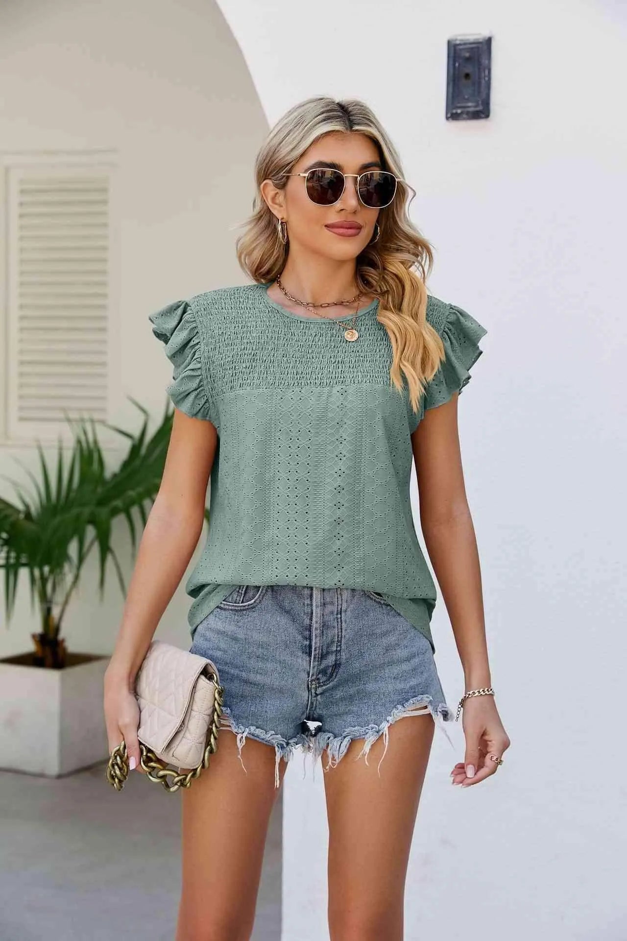 Smocked Round Neck Flutter Sleeve Top Sage Blouses - Tophatter Daily Deals