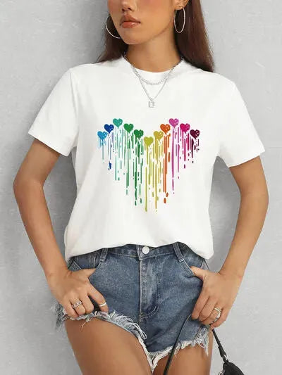 Heart Round Neck Short Sleeve T-Shirt Women's T-Shirts - Tophatter Daily Deals