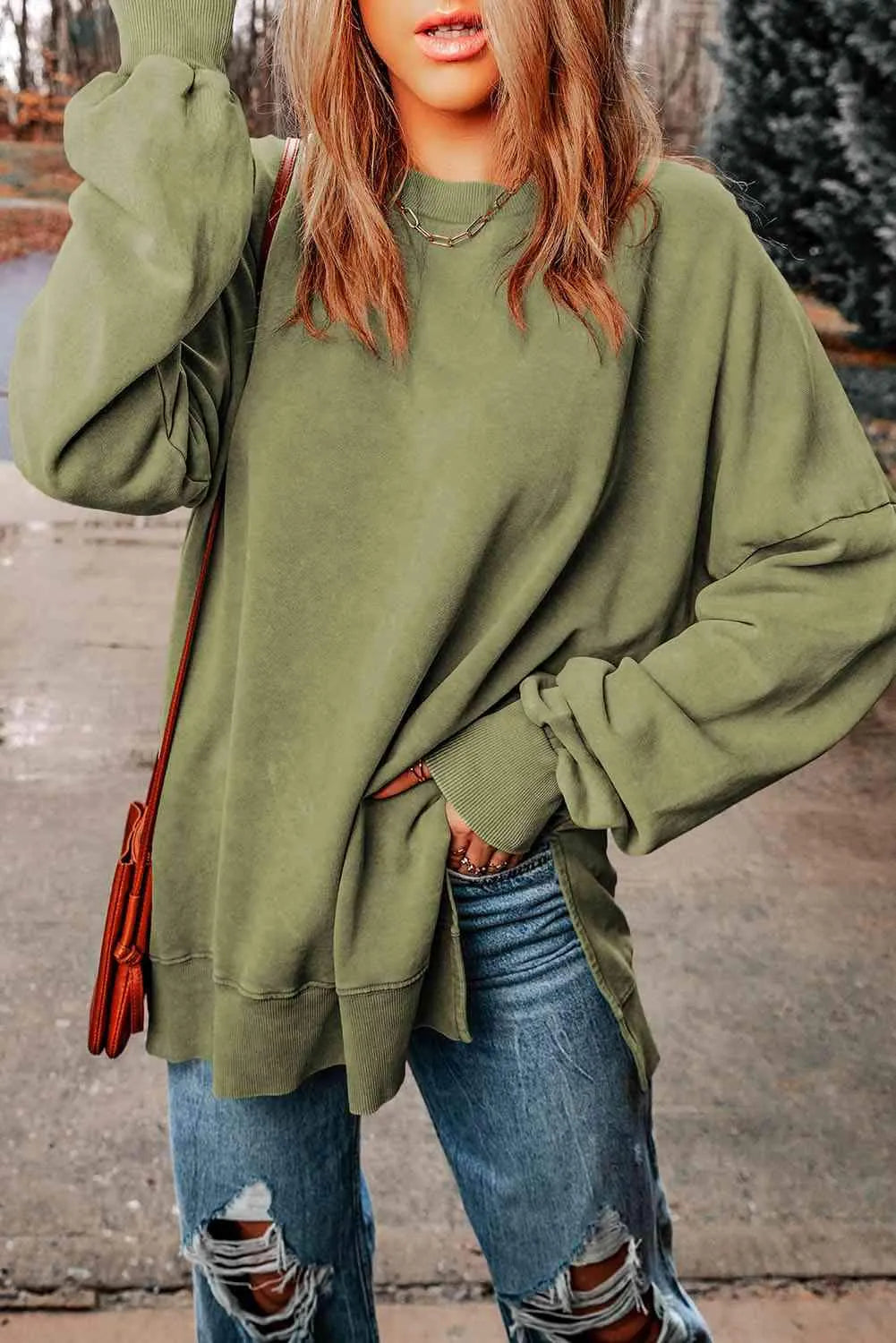 Dropped Shoulder Round Neck Long Sleeve Blouse Blouses - Tophatter Daily Deals