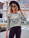 Ruffled Round Neck Long Sleeve Top Heather Gray Blouses - Tophatter Daily Deals