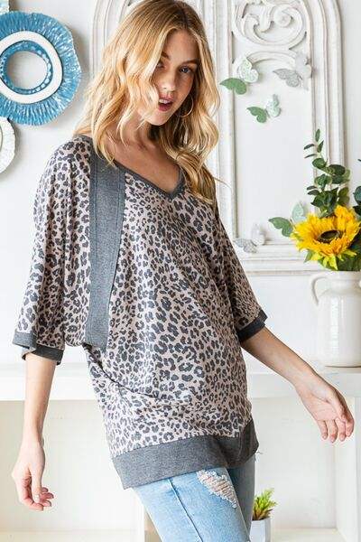 Heimish Full Size Leopard Contrast V-Neck Half Sleeve T-Shirt Blouses - Tophatter Daily Deals