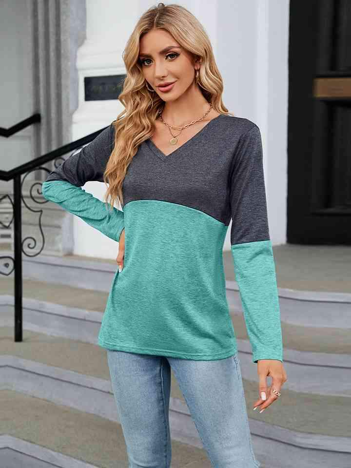 V-Neck Long Sleeve Two-Tone T-Shirt Women's T-Shirts - Tophatter Daily Deals