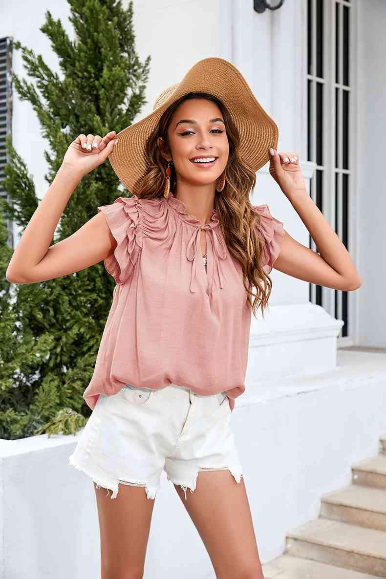 Tie Neck Ruffle Trim Blouse Blouses - Tophatter Daily Deals