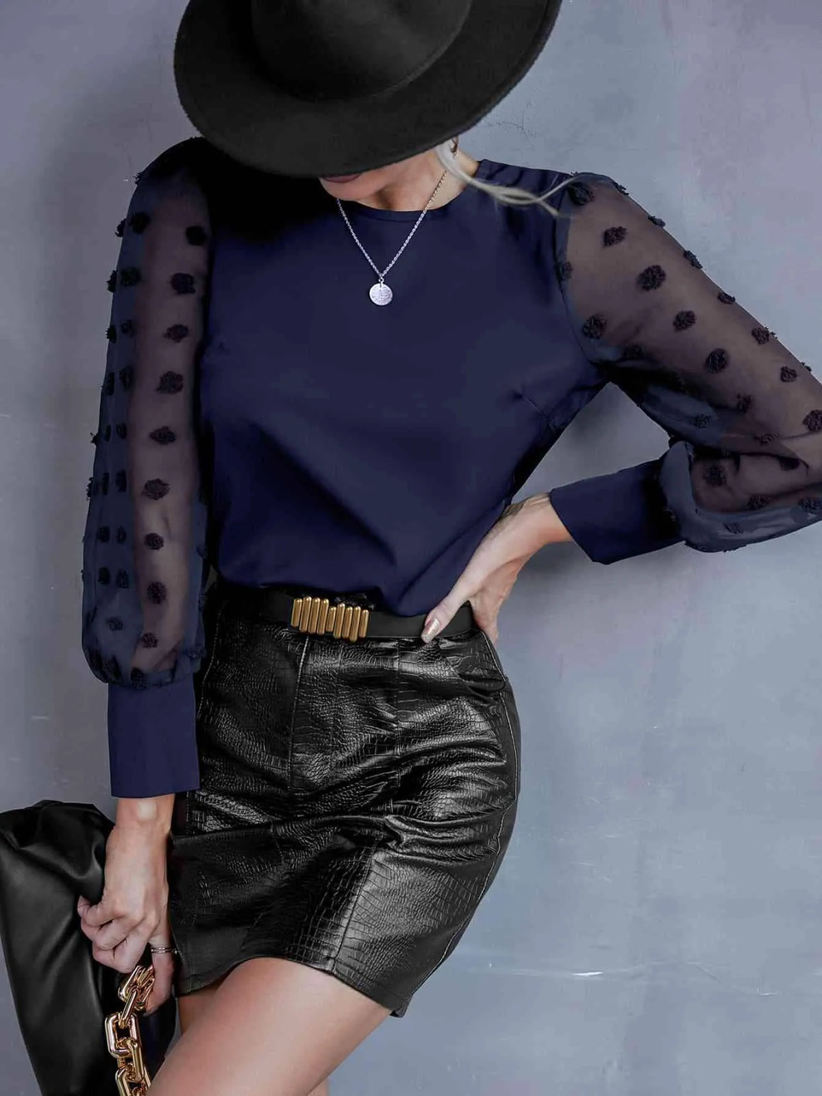 Swiss Dot Lantern Sleeve Round Neck Blouse Navy Blouses - Tophatter Daily Deals