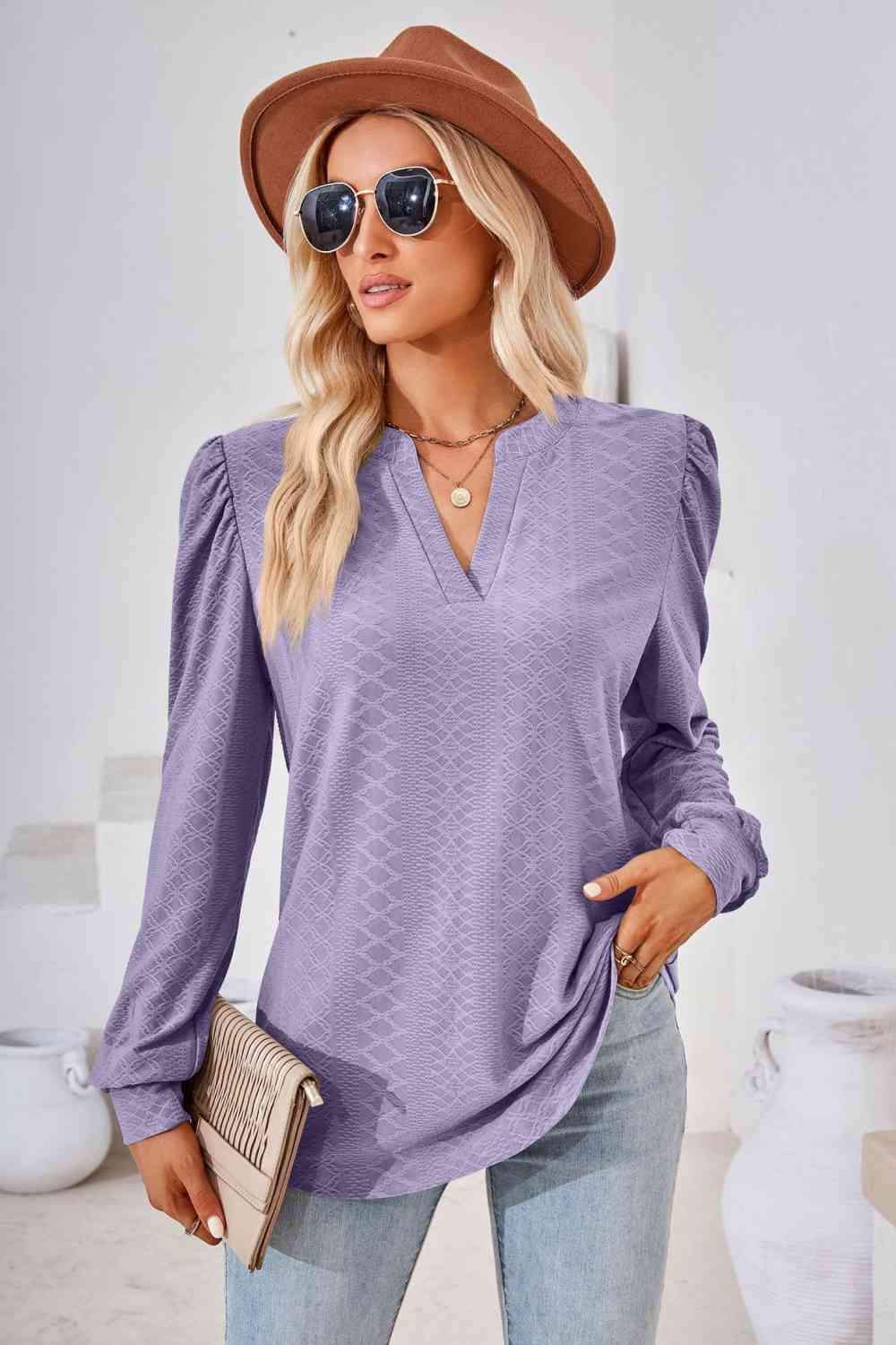 V-Neck Puff Sleeve Blouse Blouses - Tophatter Daily Deals