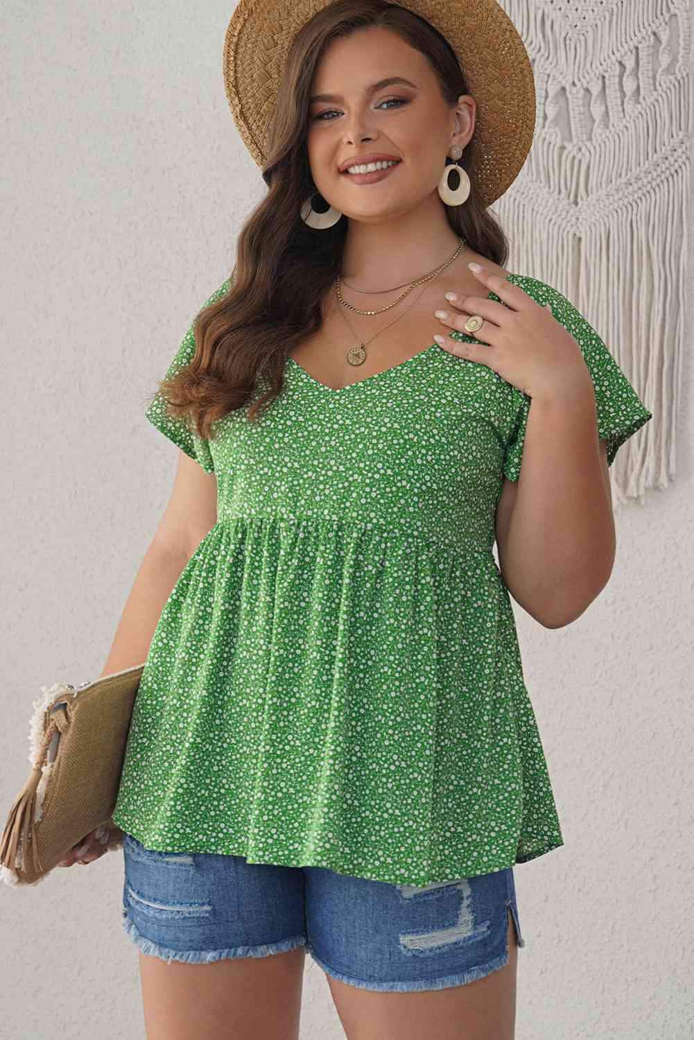 Ditsy Floral Flutter Sleeve Peplum Blouse Blouses - Tophatter Daily Deals