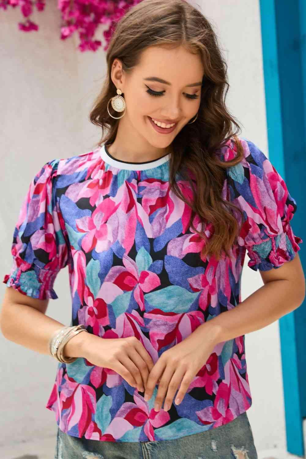 Floral Round Neck Puff Sleeve Top Floral Blouses - Tophatter Daily Deals