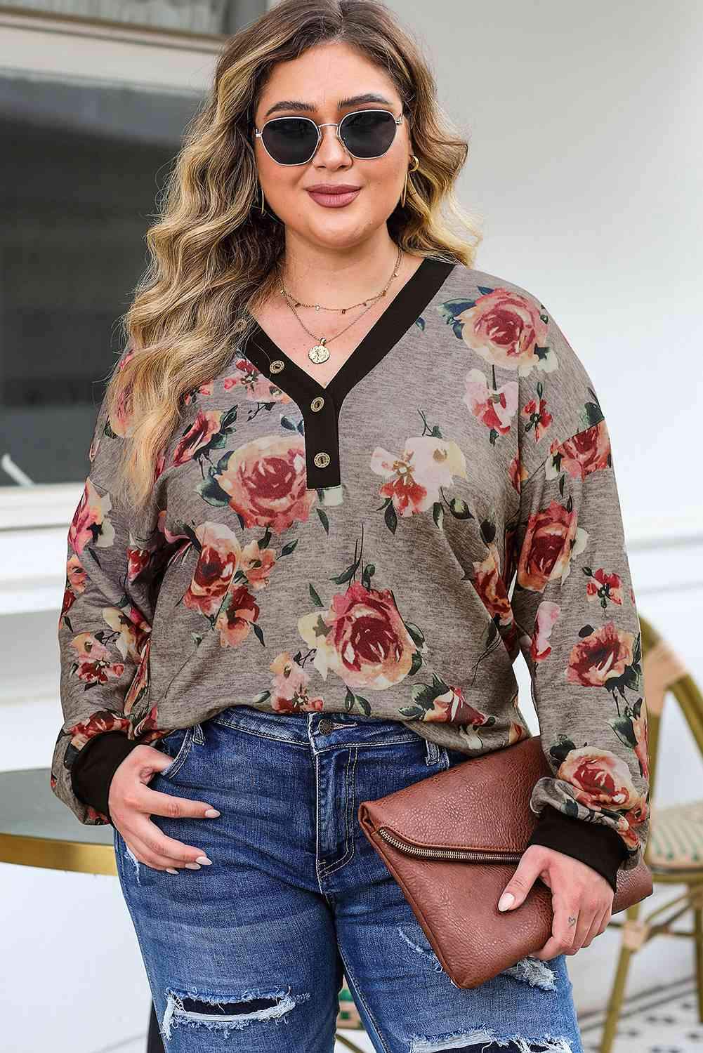 Plus Size Floral V-Neck Blouse Mocha Blouses - Tophatter Daily Deals