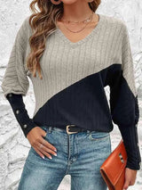 Contrast Buttoned V-Neck Blouse Dust Storm Blouses - Tophatter Daily Deals
