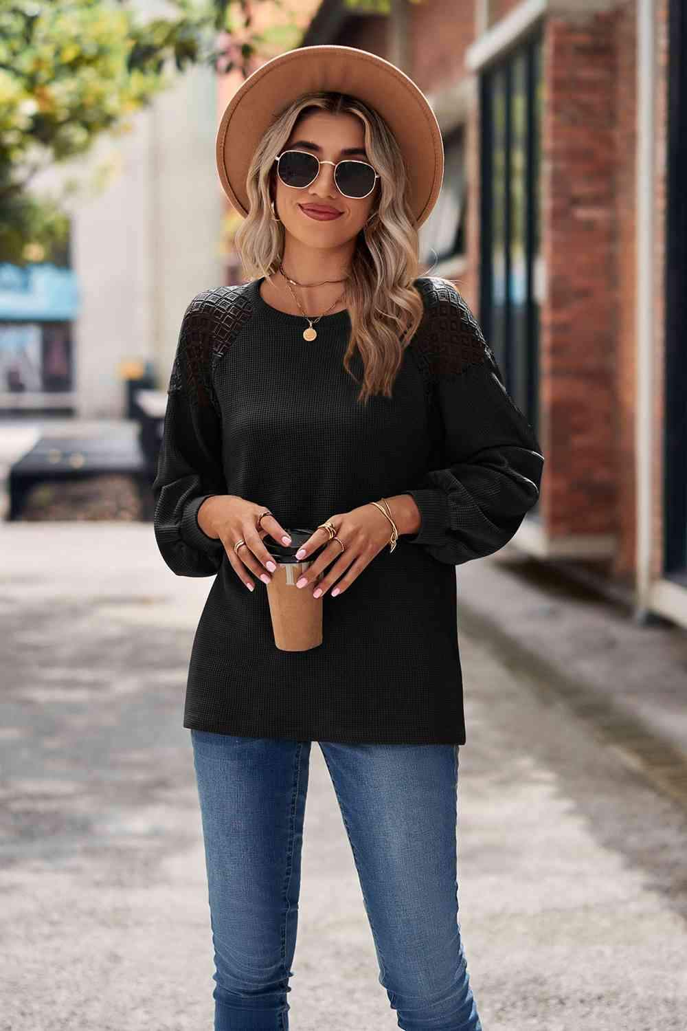 Round Neck Dropped Shoulder Eyelet Top Black Blouses - Tophatter Daily Deals