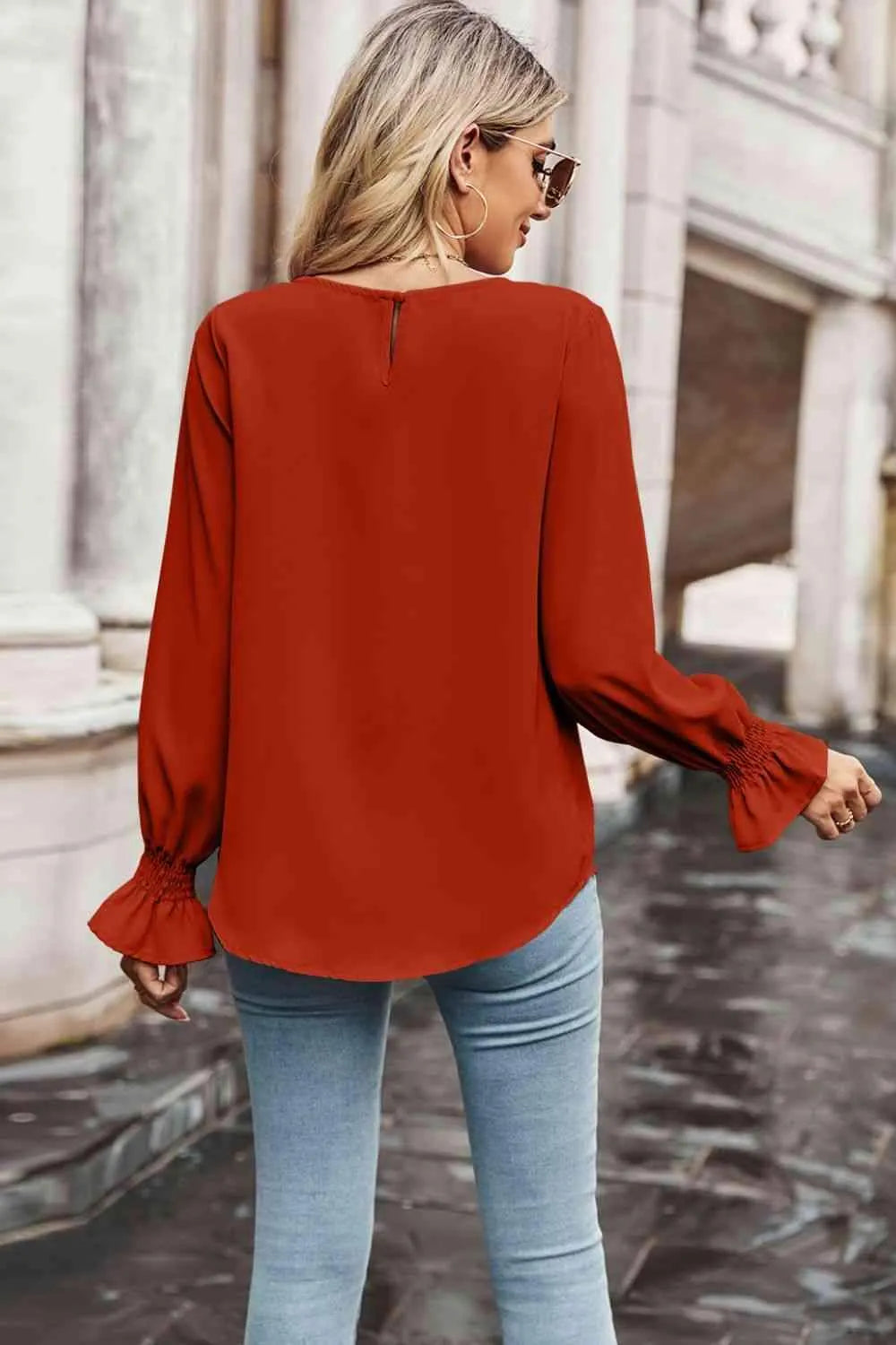 Round Neck Long Flounce Sleeve Blouse Blouses - Tophatter Daily Deals