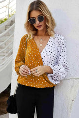 Polka Dot Surplice Neck Lantern Sleeve Blouse Blouses - Tophatter Daily Deals