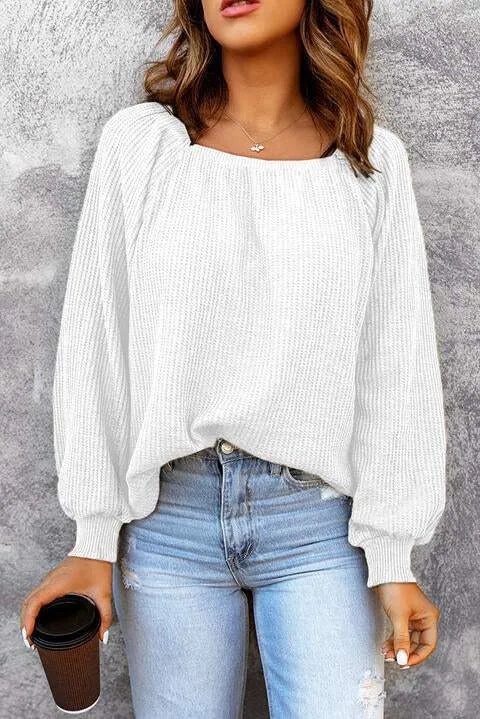 Square Neck Waffle-Knit Top White Blouses - Tophatter Daily Deals