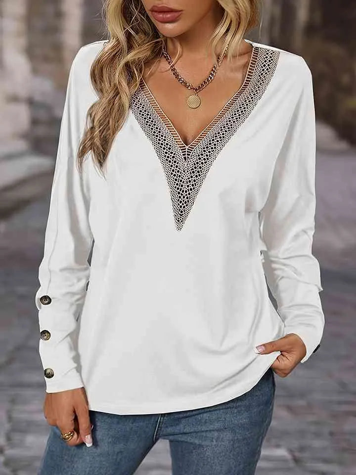 Contrast V-Neck Long Sleeve Top White Blouses - Tophatter Daily Deals