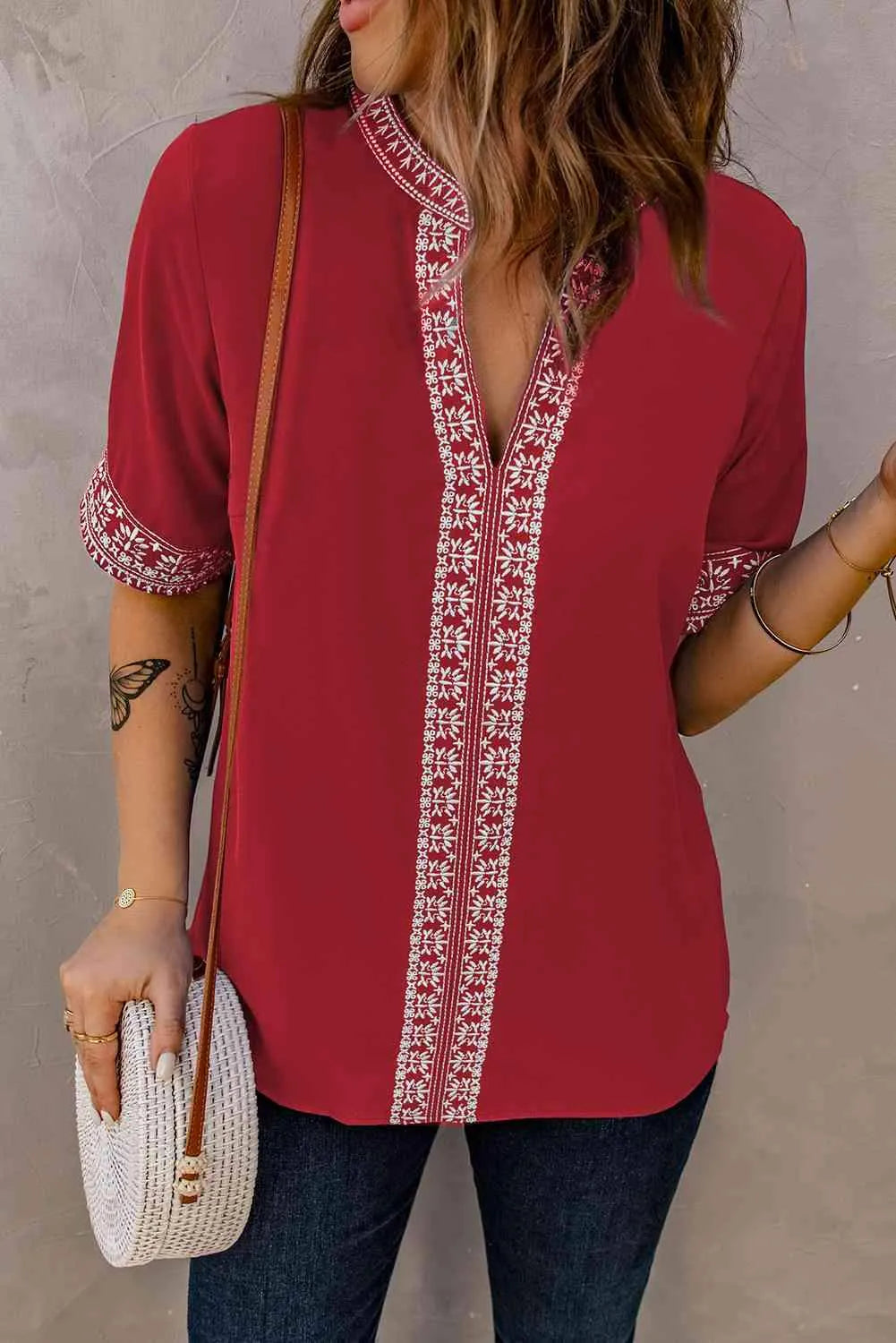 Embroidered V-Neck Top Red Blouses - Tophatter Daily Deals