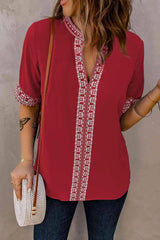 Embroidered V-Neck Top Red Blouses - Tophatter Daily Deals