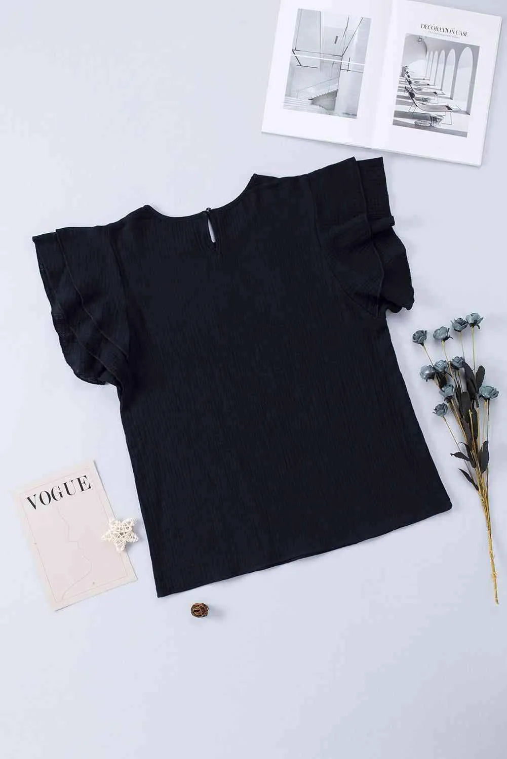 Textured Flutter Sleeve Keyhole Blouse Blouses - Tophatter Daily Deals