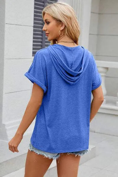 Half Button Drawstring Short Sleeve Hooded T-Shirt Women's T-Shirts - Tophatter Daily Deals