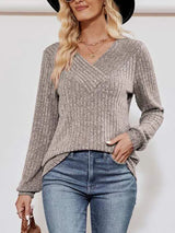 V-Neck Ribbed Long Sleeve Top Blouses - Tophatter Daily Deals