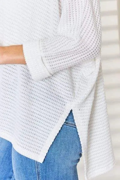 Zenana Full Size Waffle Knit V-Neck Long Sleeve Slit Top Blouses - Tophatter Daily Deals