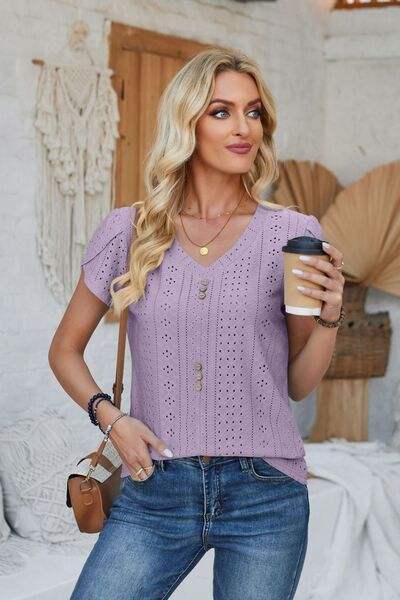 Decorative Button Eyelet V-Neck Short Sleeve T-Shirt Women's T-Shirts - Tophatter Daily Deals