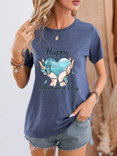 HAPPY VALENTINE'S DAY Round Neck Short Sleeve T-Shirt Dusty Blue Women's T-Shirts - Tophatter Daily Deals