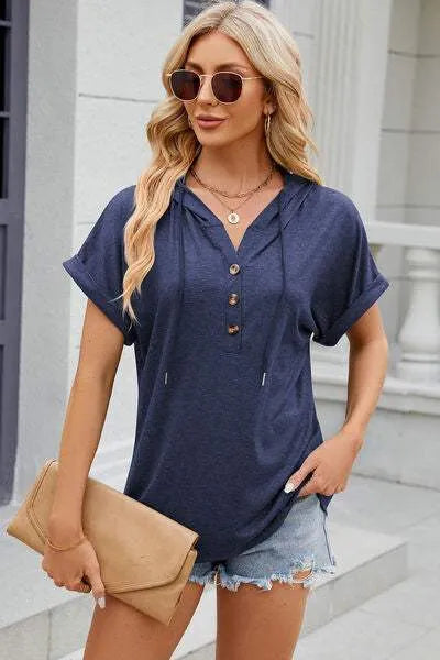 Half Button Drawstring Short Sleeve Hooded T-Shirt Women's T-Shirts - Tophatter Daily Deals