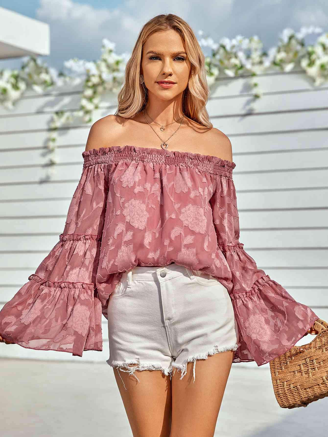 Applique Flounce Sleeve Off-Shoulder Blouse Blouses - Tophatter Daily Deals