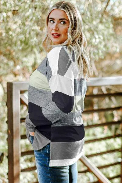 Plus Size Striped Slit Long Sleeve T-Shirt Women's T-Shirts - Tophatter Daily Deals