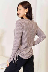 Double Take Drawstring Ribbed Long Sleeve T-Shirt Women's T-Shirts - Tophatter Daily Deals