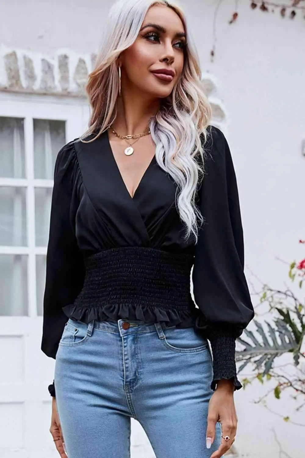 Surplice Neck Frill Trim Lantern Sleeve Smocked Waist Blouse Blouses - Tophatter Daily Deals