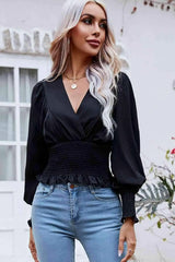 Surplice Neck Frill Trim Lantern Sleeve Smocked Waist Blouse Blouses - Tophatter Daily Deals